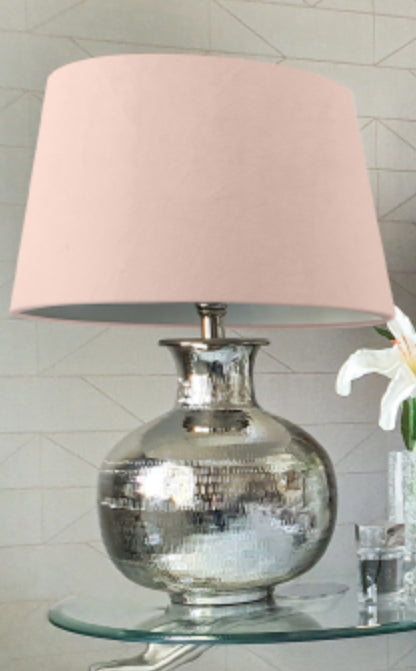 Nickel Plated Round Lamp Base with Velvet Pink Fabric Drum-shaped Shade Table Lamp