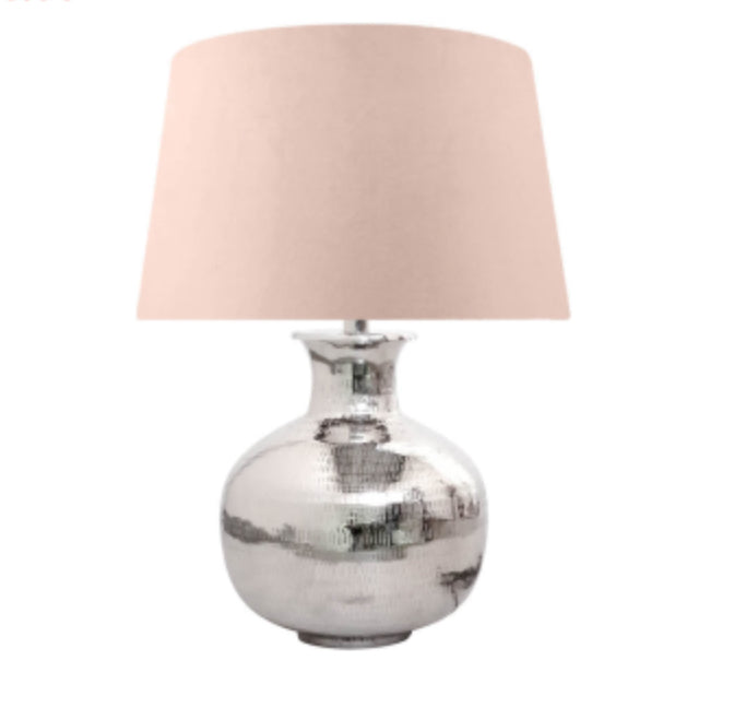 Nickel Plated Round Lamp Base with Velvet Pink Fabric Drum-shaped Shade Table Lamp